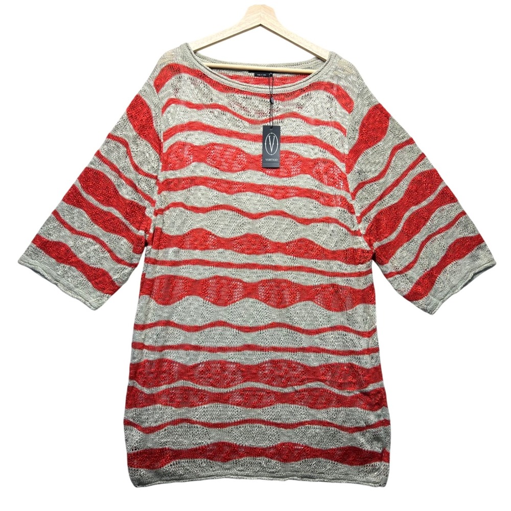 VERTIGO Women XL Striped Sheer Boat Neck 3/4‎ Sleeve Knit Top Sweater Retro NWT
